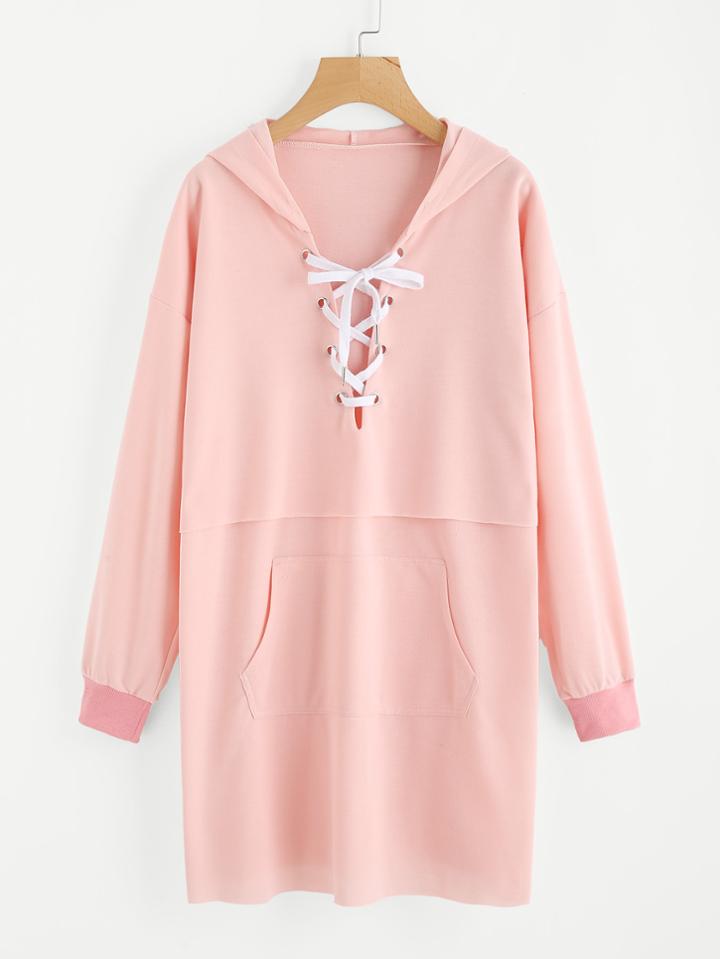 Romwe Plunge Lace Up Layered Raw Hem Hoodie Dress