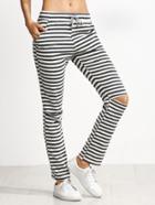 Romwe Grey And White Striped Knee Ripped Drawstring Jersey Pants