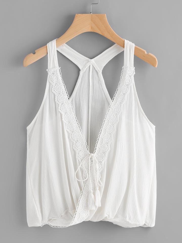 Romwe Lace Trim Wrap Self Tie Front Pleated Top