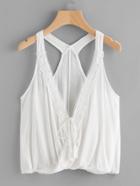 Romwe Lace Trim Wrap Self Tie Front Pleated Top