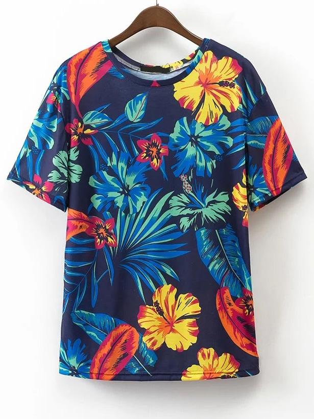 Romwe Leaves Print Loose T-shirt