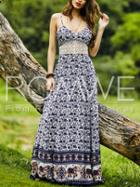 Romwe Navy Spaghetti Strap With Lace Vintage Print Maxi Dress