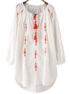 Romwe White Lantern Sleeve Contrast Tie Neck Tassel Shift Dress