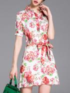 Romwe White Lapel Tie-waist Floral Dress