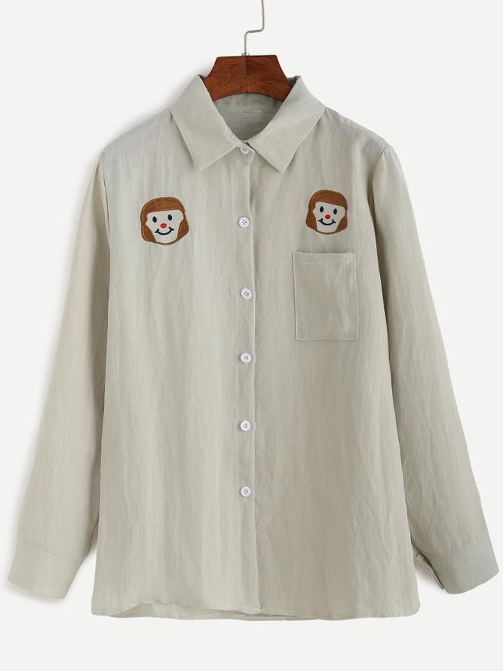 Romwe Green Embroidered Pocket Shirt