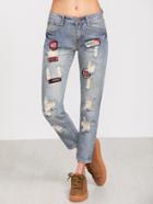 Romwe Blue Bleached Ripped Embroidered Patch Jeans