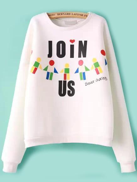 Romwe Join Us Print Crop White Sweatshirt
