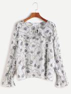Romwe Florals Tie Neck Bell Sleeve High Low Blouse