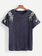 Romwe Floral Patched Shoulder Tee