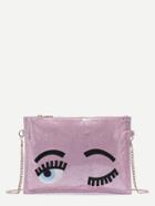 Romwe Pink Blinking Eye Glitter Sequins Clutch Bag With Chain Strap