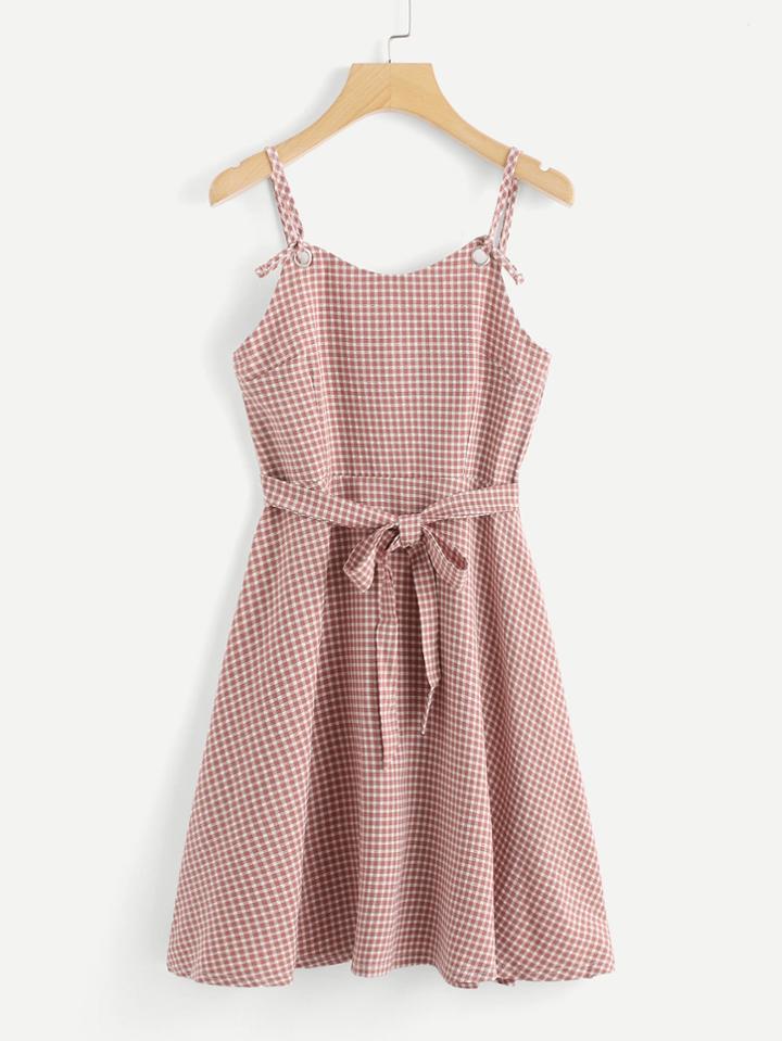 Romwe Self Tie Waist Plaid Cami Dress