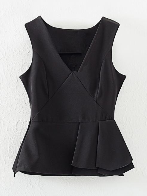 Romwe Black Sleeveless V Neck Pleated Side Blouse