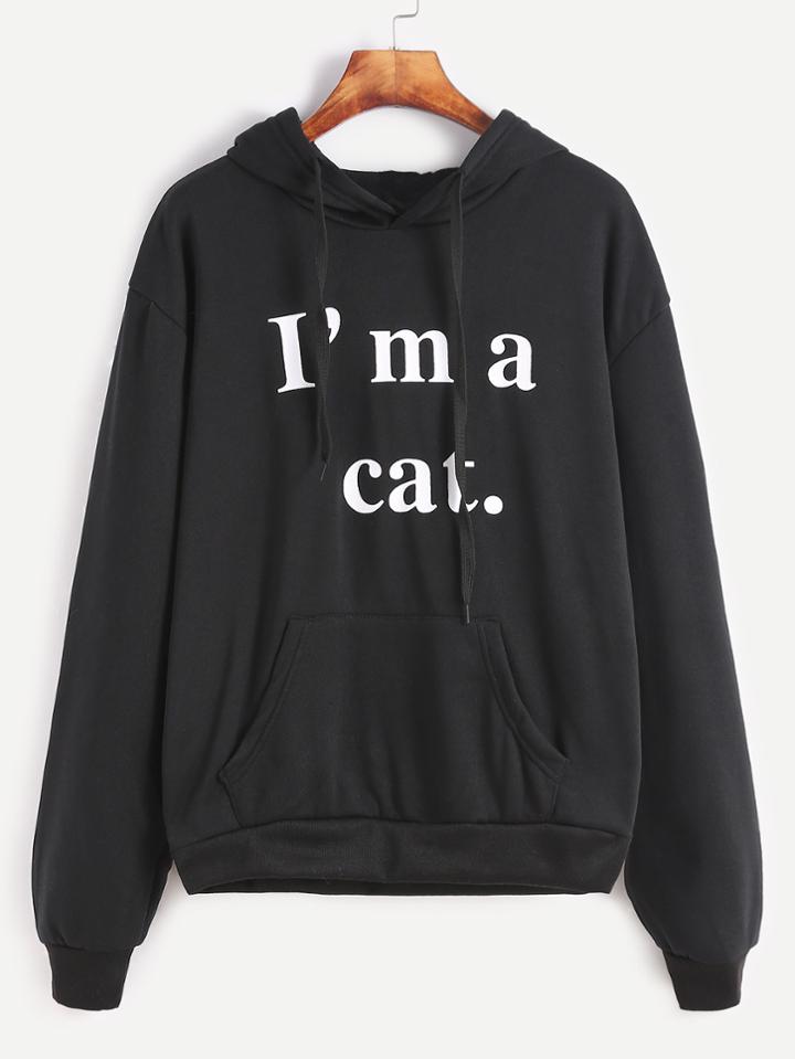 Romwe Black Slogan Print Drawstring Hooded Sweatshirt With Pocket