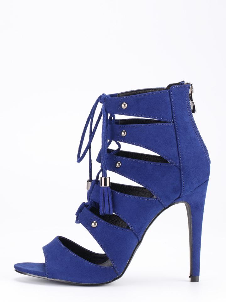 Romwe Faux Suede Lace-up Peep Toe Heels - Blue