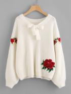 Romwe 3d Flower Patch Embroidered Sleeve Fluffy Jumper