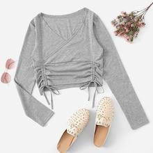 Romwe Drawstring V Neck T-shirt