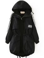 Romwe Hooded Striped Trim Black Coat With Drawstring