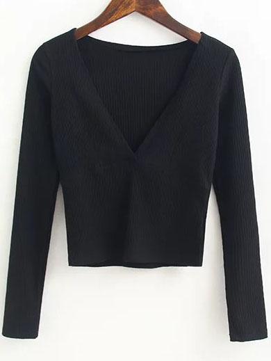 Romwe Black Deep V Neck Crop Knitwear