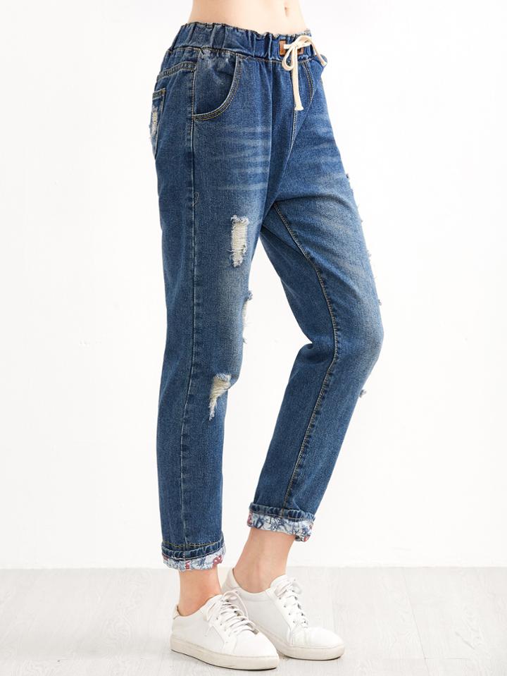 Romwe Blue Ripped Drawstring Roll Hem Jeans