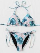 Romwe Palm Print Self Tie Bikini Set