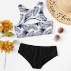 Romwe Cutout Front Palm Leaf Print Bikini Set
