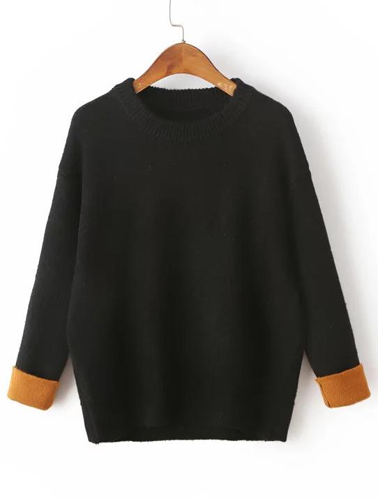 Romwe Black Drop Shoulder Contrast Cuff Sweater