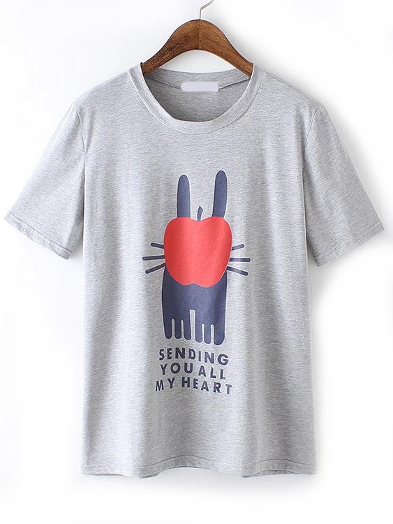 Romwe Cartton Print Grey T-shirt