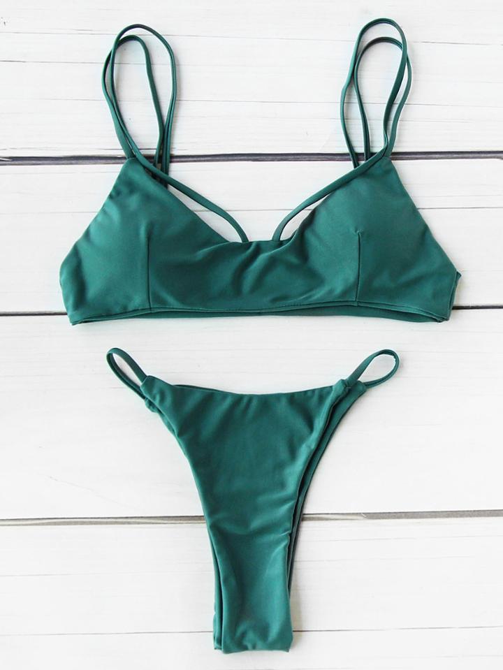Romwe Strappy V Neck Cutout Bikini Set