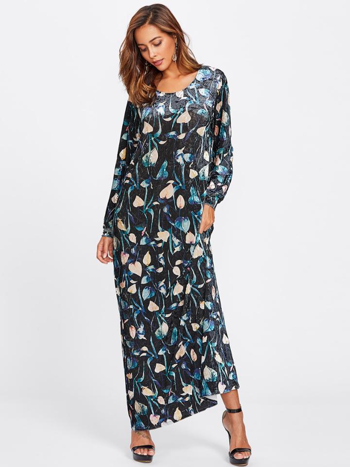 Romwe Botanical Print Velvet Maxi Dress