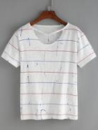 Romwe Striped Cutout Splash Print T-shirt
