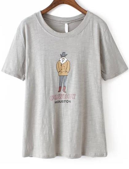 Romwe Cowboy Print Grey T-shirt