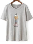 Romwe Cowboy Print Grey T-shirt