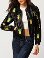 Romwe Pineapple Embroidered Pu Crop Jacket