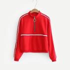 Romwe Contrast Striped Tape Zip Up Crop Pullover