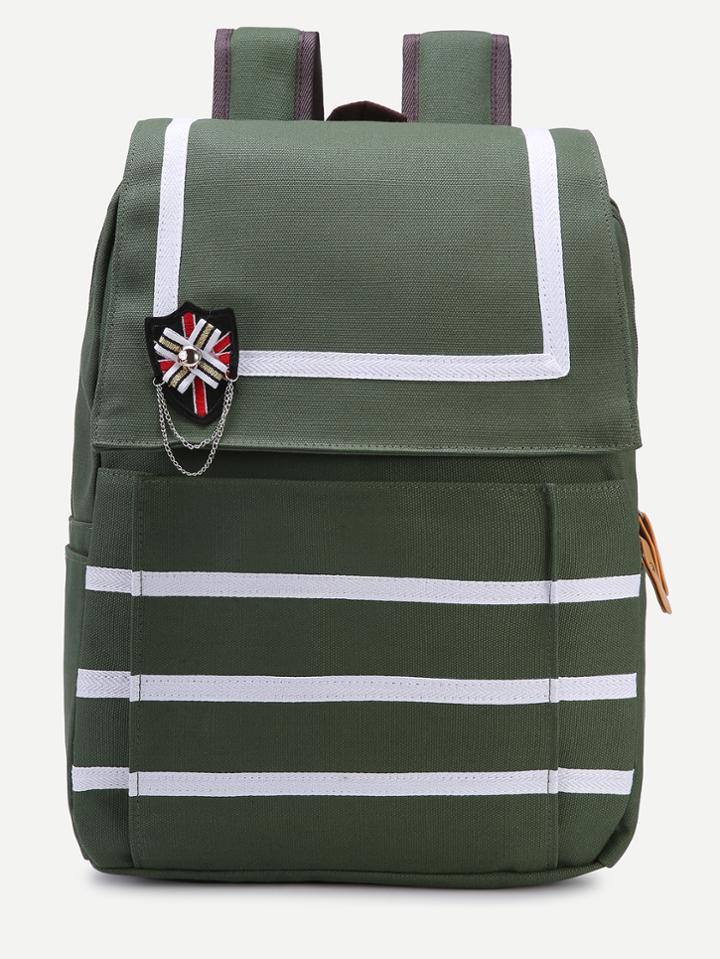 Romwe Green Navy Stripe Sailor Brooch Canvas Backpack