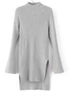 Romwe Grey Crew Neck Bell Sleeve Side Slit Dip Hem Sweater