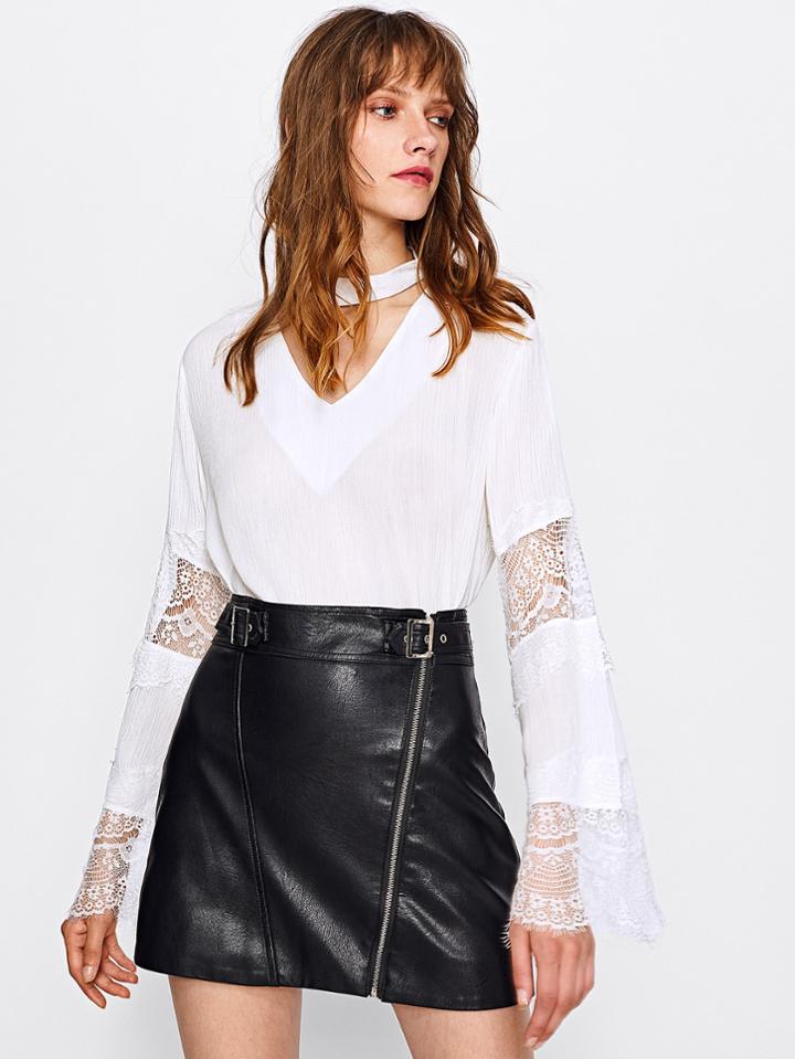 Romwe V Cut Lace Panel Sleeve Blouse