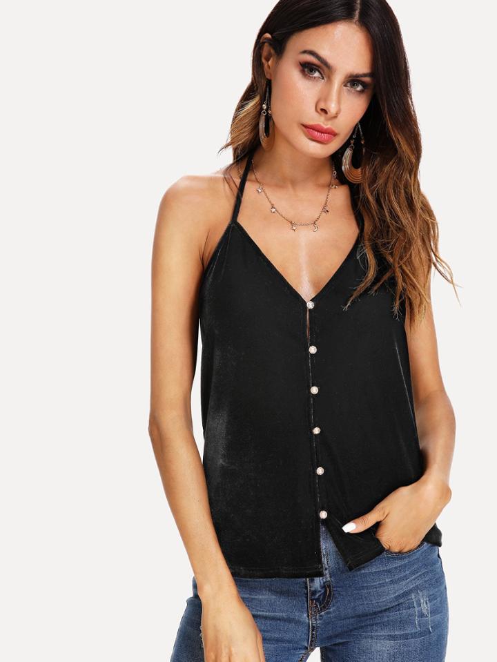 Romwe Pearl Detail Velvet Cami Top