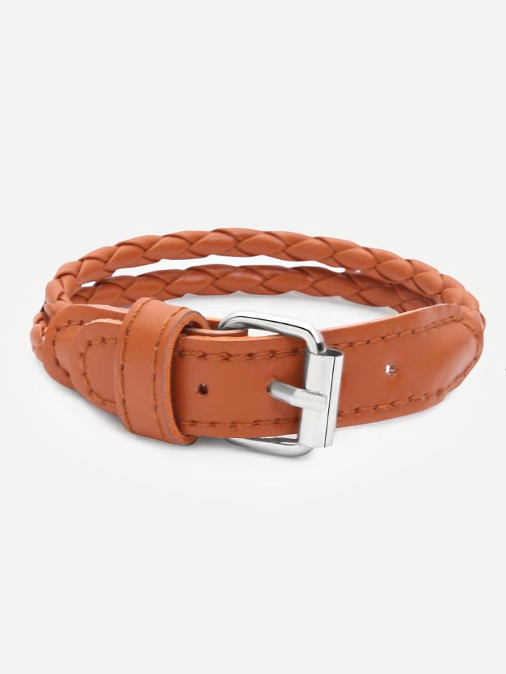 Romwe Camel Double Layer Braided Bracelet With Buckle Closure