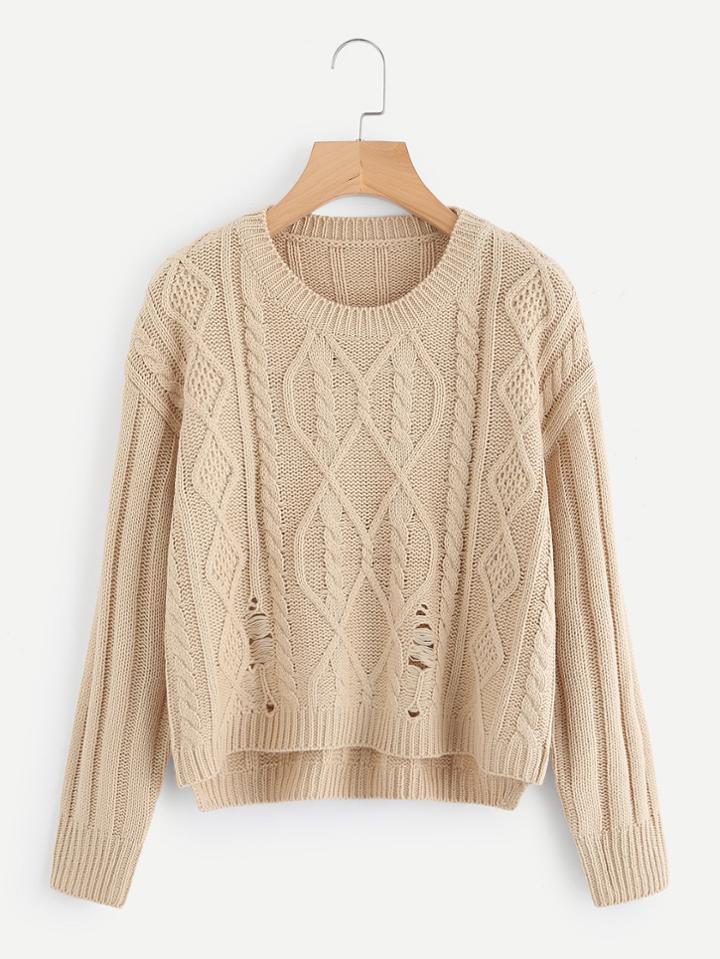 Romwe Dip Hem Ripped Cable Knit Sweater