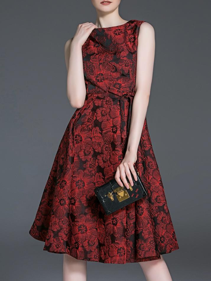 Romwe Burgundy Tie-waist Print A-line Dress