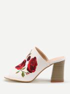 Romwe Flower Embroidery Flared High Heel Mules