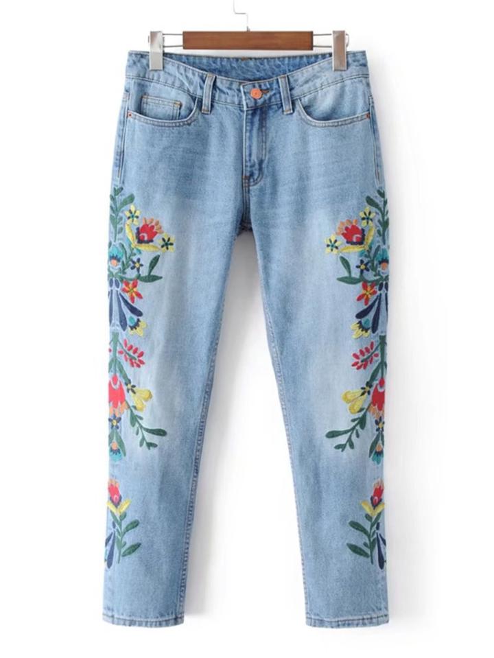 Romwe Embroidery Flower Skinny Jeans