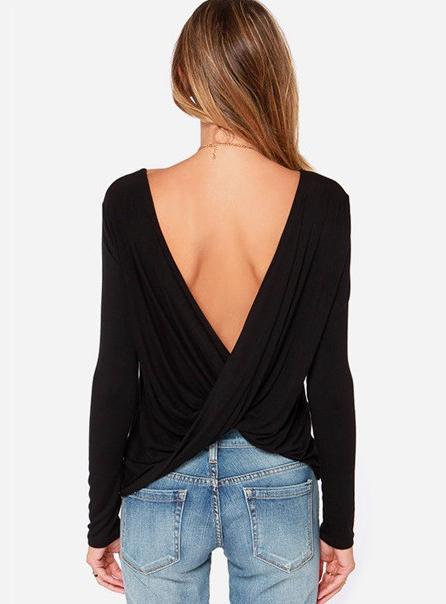 Romwe Backless Pleated Slim White T-shirt