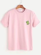 Romwe Pink Cactus Embroidered Mock Neck T-shirt