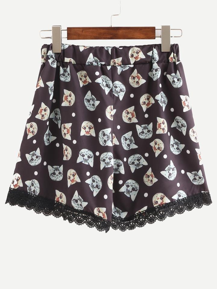 Romwe Elastic Waist Cat Print Lace Hem Shorts