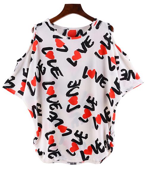 Romwe Open Shoulder Letter Print White Top