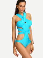 Romwe Cross Wrap Cutout One-piece Swimwear - Sky Blue