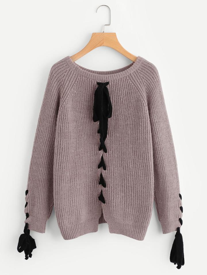 Romwe Lace Up Raglan Sleeve And Back Jumper