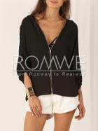 Romwe Black Long Sleeve V Neck Zipper Blouse